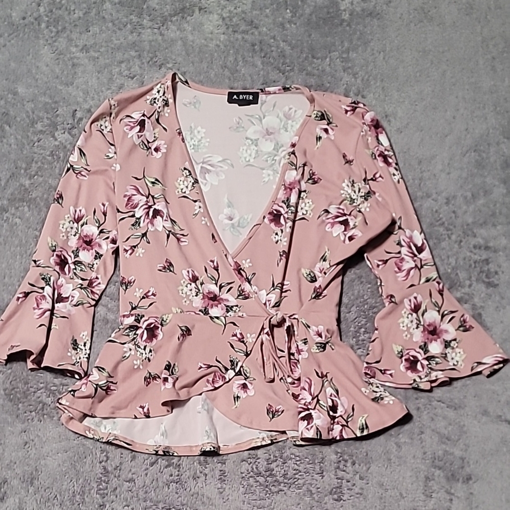 A. Byer Pink Floral Wrap Top